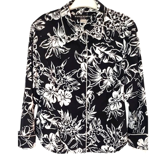 Black White Tropical Print Cotton Shirt Jacket| 14P | Nygard - Picture 1 of 13
